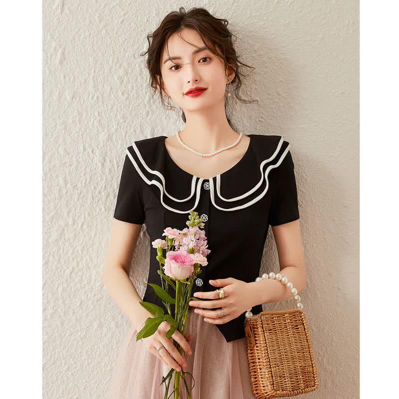 Bailuyu Sweet Peter Pan Collar Short Sleeve T-Shirt