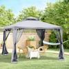 Gazebo con Doppio Tetto, circa. Gazebo da Giardino 3x3 m con Zanzariera e Pannelli Laterali in Metallo Grigio Chiaro