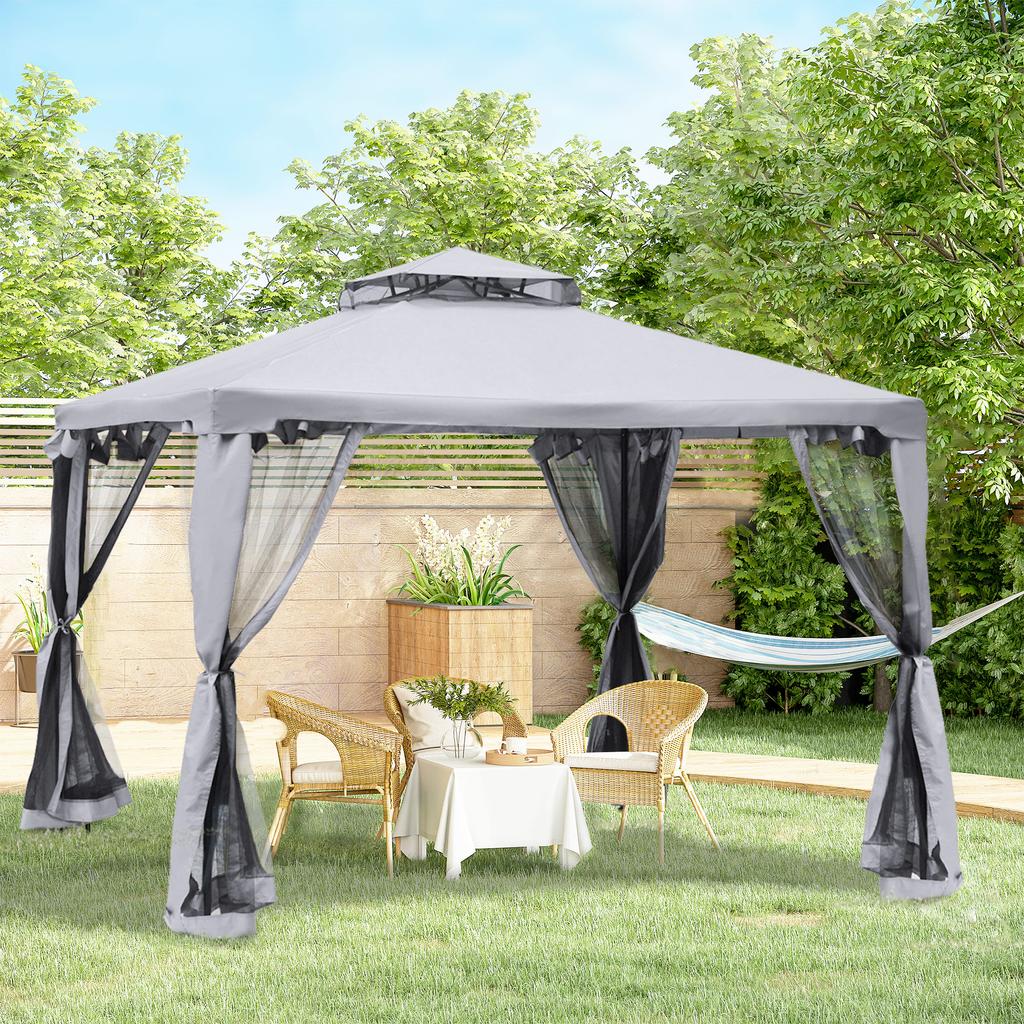 Gazebo con Doppio Tetto, circa. Gazebo da Giardino 3x3 m con Zanzariera e Pannelli Laterali in Metallo Grigio Chiaro
