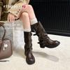 Thick-soled Belt Buckle Western Boots Women's New Versatile Mopping Boots Pleated Pile Boots Medium and Long Tube Pants Tube Boots
