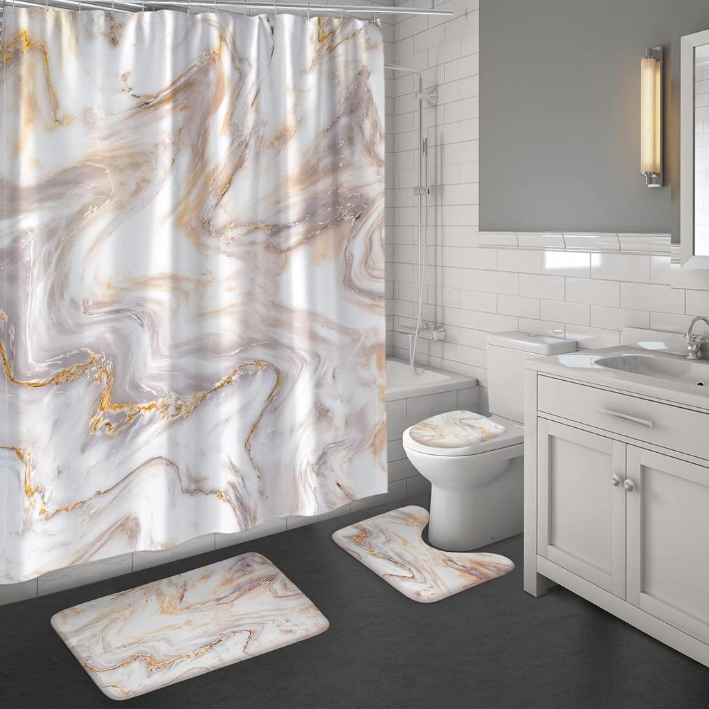 Marble Bathroom Sets With Shower Curtain And Rugs And Accessories, Abstract Grey Gold White, Modern, Gray Bathroom Decor Set
