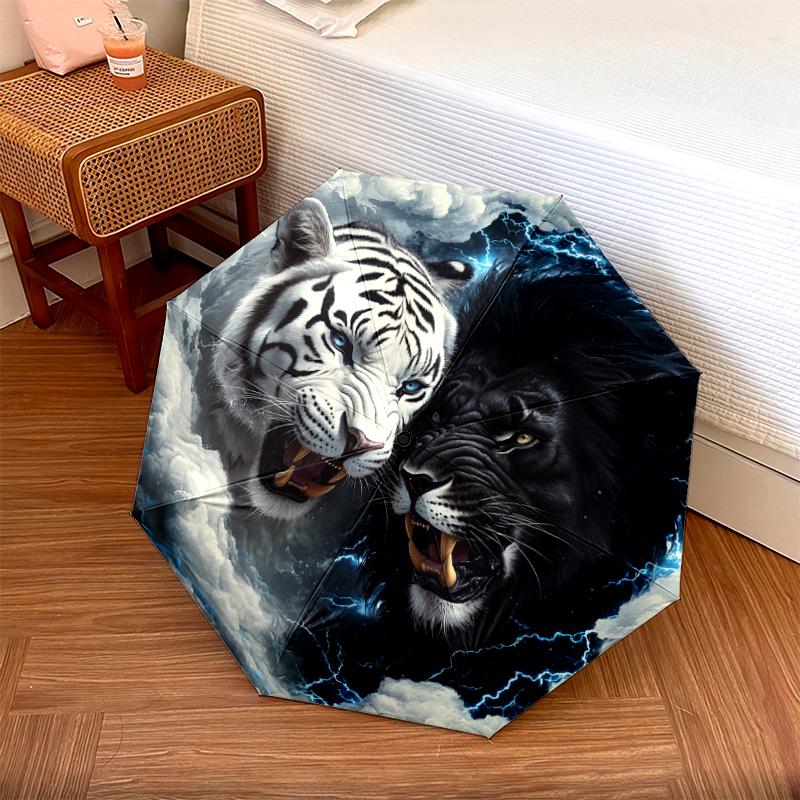 1 PC Automatic Folding Umbrella - Yin Yang Tiger Lion Pattern, Portable & Foldable Design with 8 Ribs, Christmas Birthday Gifts