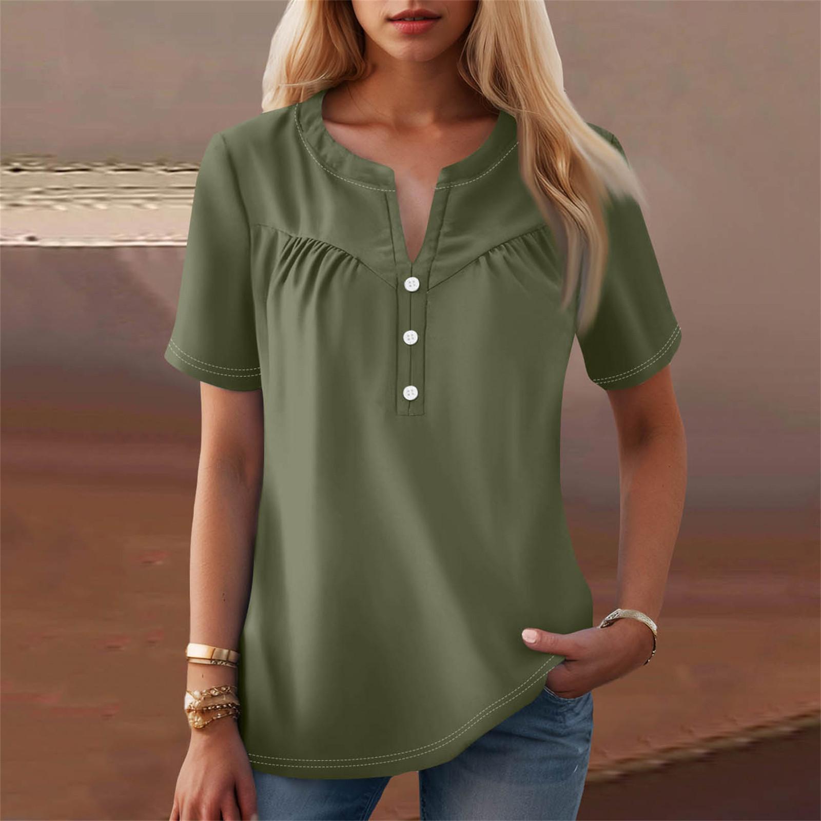 

Женская повседневная футболка с v-образным вырезом и коротким рукавом с цветочным принтом и декоративными пуговицами, топ XXXL