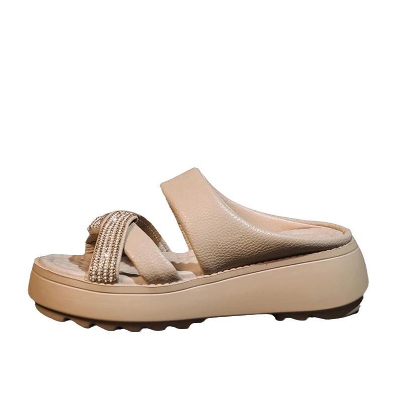 thick-soled soft leather rhinestone slippers for women to wear outside summer 2025 new high-end fashion versatile lazy women cool slippers