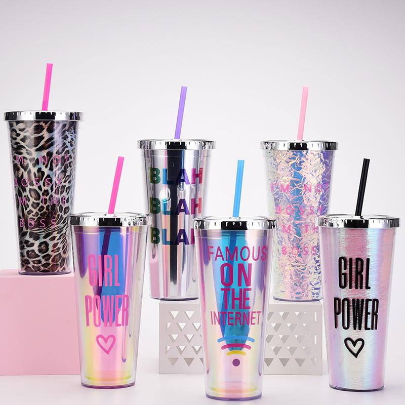 24Oz Straw Cup Leopard Print Magic Semi-Round Cover Water Cup Large Capacity Portable Double Layer Plastic Cup