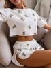 Europäischer und Amerikanischer Sommer Damen Bedruckter Kurzarm Shorts Pyjama Set