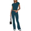 Damen Freizeit Zweiteiler Set Langarm Rundhals Crop Top Hohe Taille Schlaghosen Gestrickt Einfarbig Loungewear Passendes Outfit Set