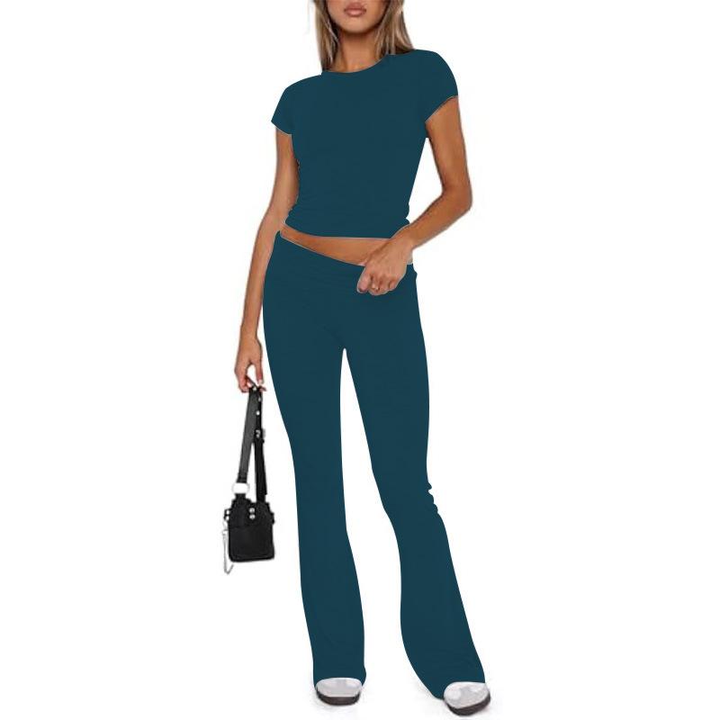 Damen Freizeit Zweiteiler Set Langarm Rundhals Crop Top Hohe Taille Schlaghosen Gestrickt Einfarbig Loungewear Passendes Outfit Set