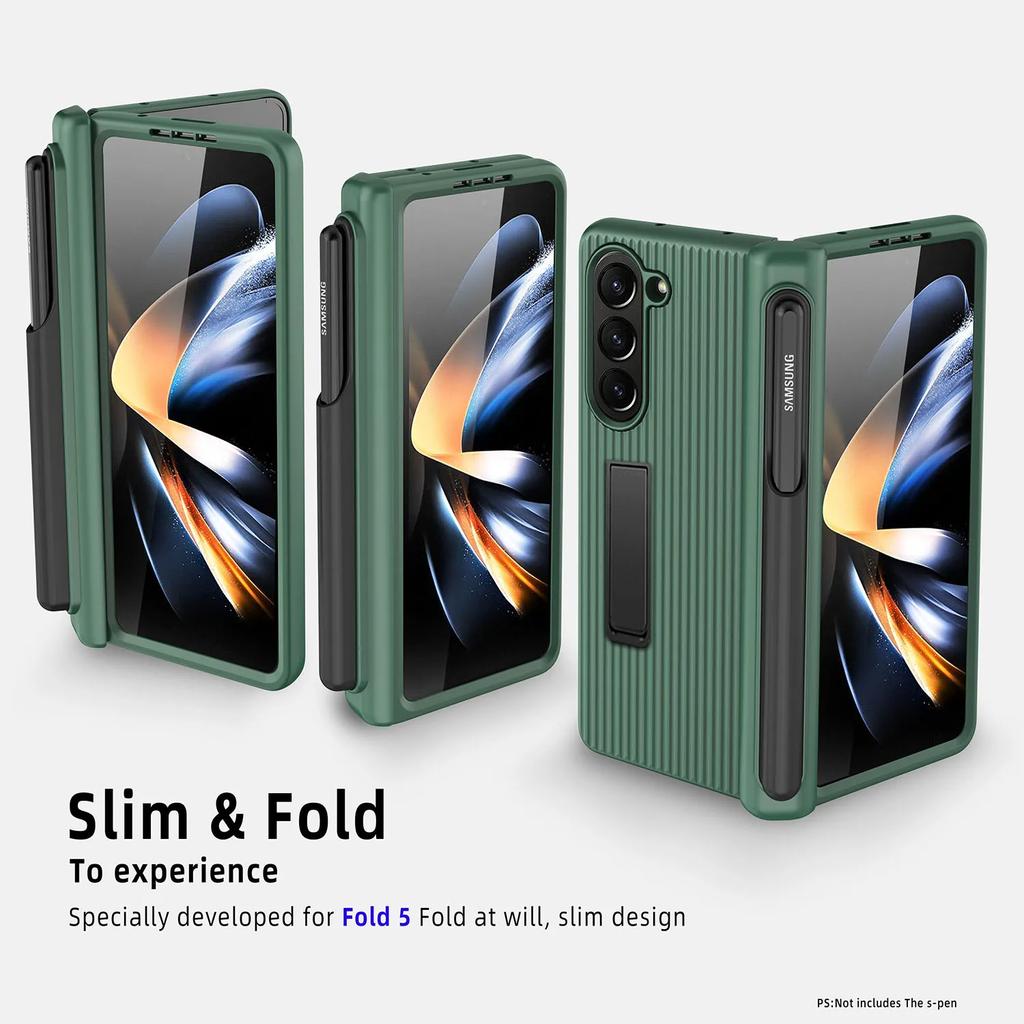 Matte Bracket Folding Hinge Pen Holder for Samsung Galaxy Z Fold 5 Case with Tempered Film Shockproof Stand Protection Hard Back Full Protection Cover