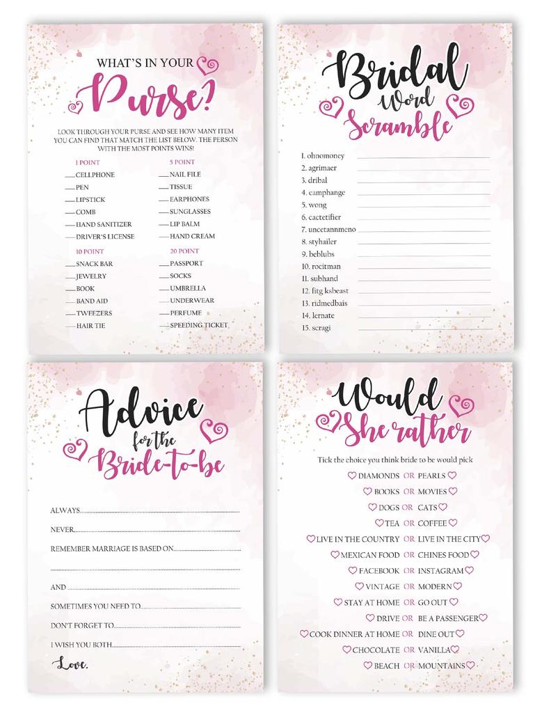 Inkdotpot Bachelorette Party Games Set Bundle Of 4(50 Sheets Each) W Miss To Mrs Gold Banner Watercolor Splash Fun Bridal Shower Games