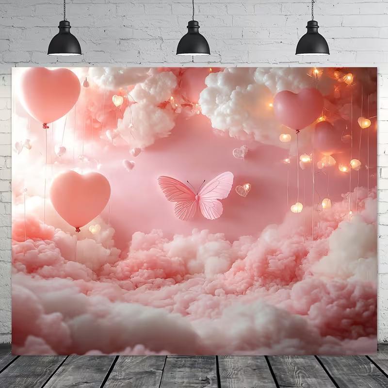 Sfondo 2D Fantasioso Cielo Rosa con Palloncini a Forma di Cuore, Nuvole e Farfalla per Servizi Fotografici a Tema Maternità e Amore