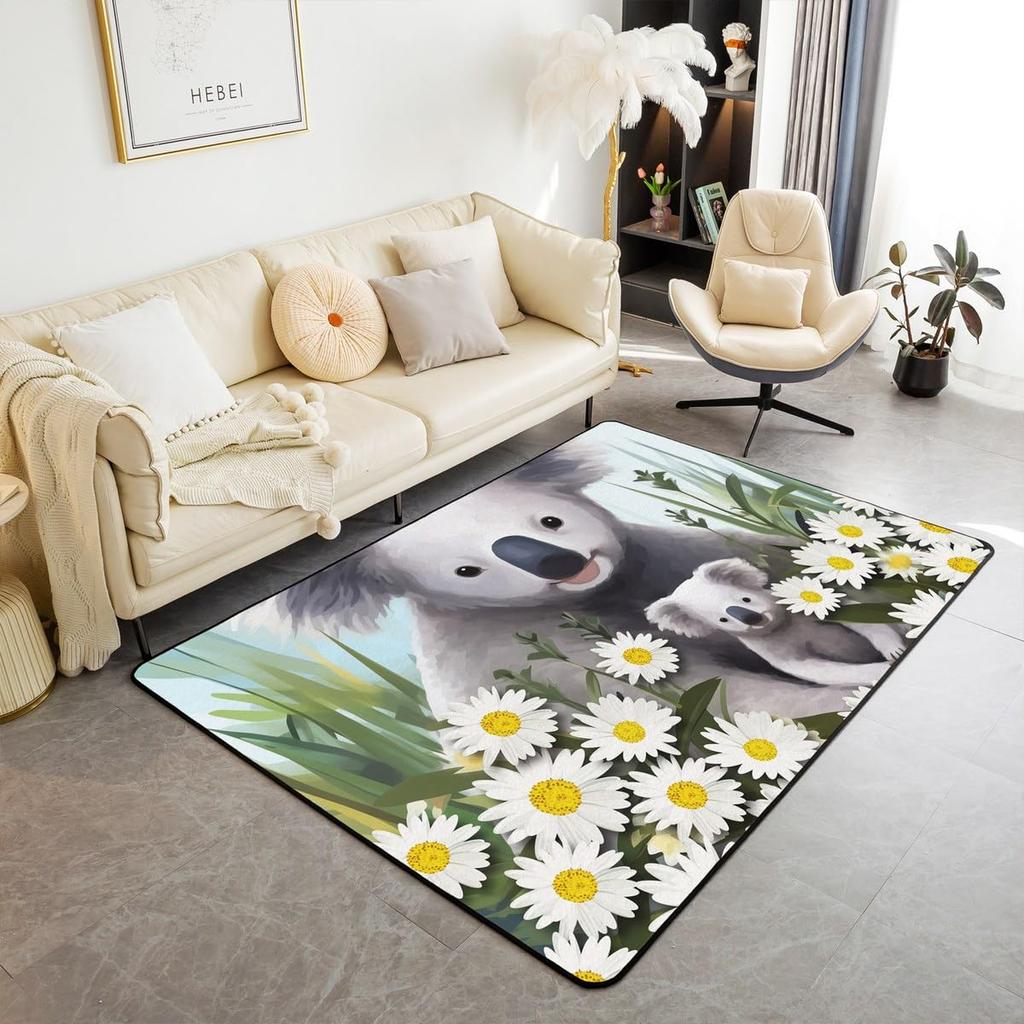 Cartoon Koala Area Rug Kawaii Wild Animal Carpet Flower Floor Mat for Bathroom Living Room Backyard Non Slip Entrance Doormat