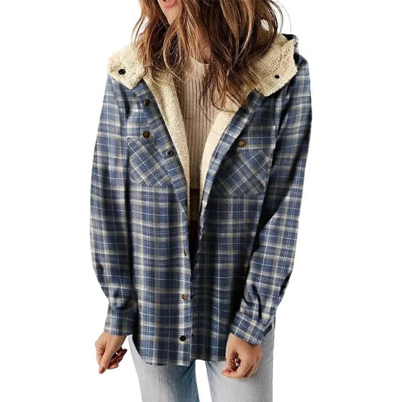 

Winter Jackets Women Plaid Wool Blend Winter Long-Sleeved Hooded Warmth Coats Outerwears Loose Comfortable Tops Women Clothing S синий