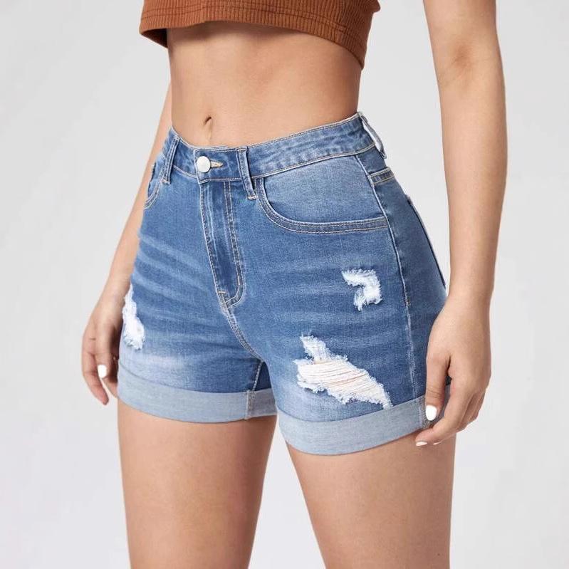 High Elasticity High Waist Ripped Denim Shorts with Rolled Hem - Women's Trendy Hot Pants