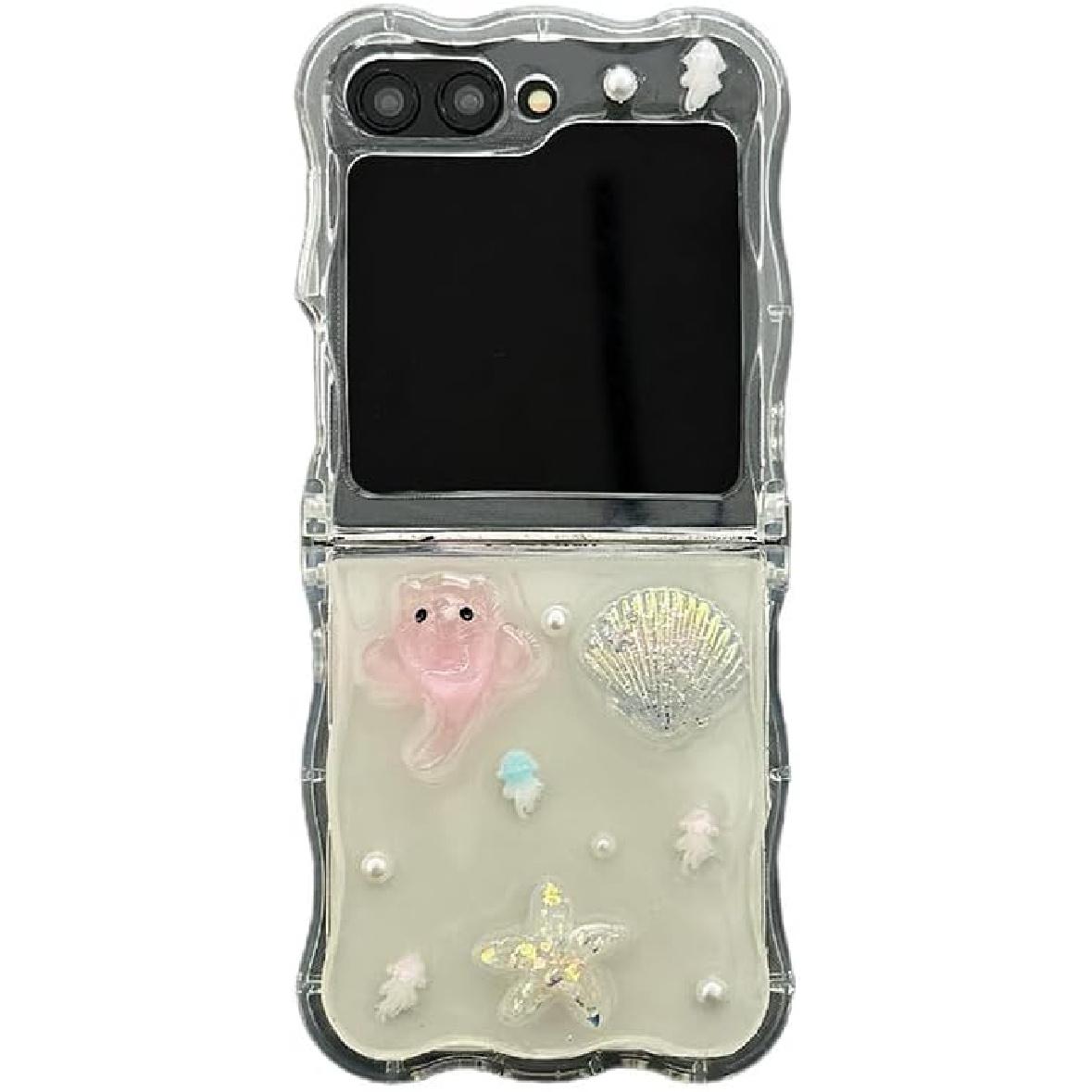 for Samsung Galaxy Z Flip 6 Case,3D Cute Starfish Shell Cartoon Pattern,Clear Hard PC Protective Cover,with Pearl Diamond Bracelet for Galaxy Z Flip No chain