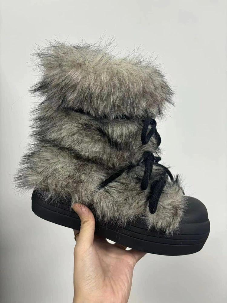 Cowhide version snow boots women's new winter big head thick sole piled and thick fluff outer wear warm cotton shoes