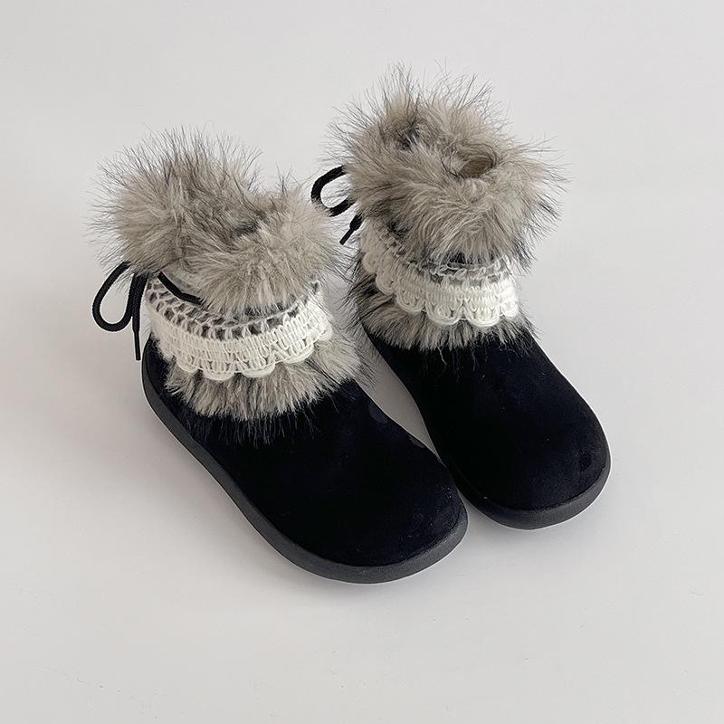 Retro style solid color lace bow velvet warm snow boots women's autumn and winter fashion flat bottom round head fashion boots