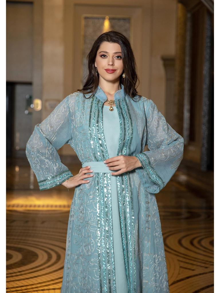 AB333 Elegant Middle Eastern Two-Piece Robe Set with Belt - Dubai Long Cardigan Dress