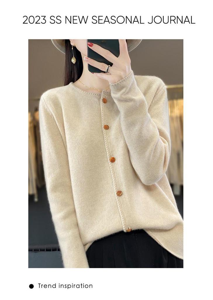 Women's 100% Wool Loose Slimming Round Neck Cardigan with Metal Buckle