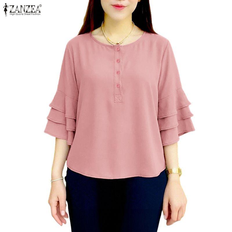 ZANZEA Women Casual Round Neck Solid Color Loose 3/4 Sleeve Blouse