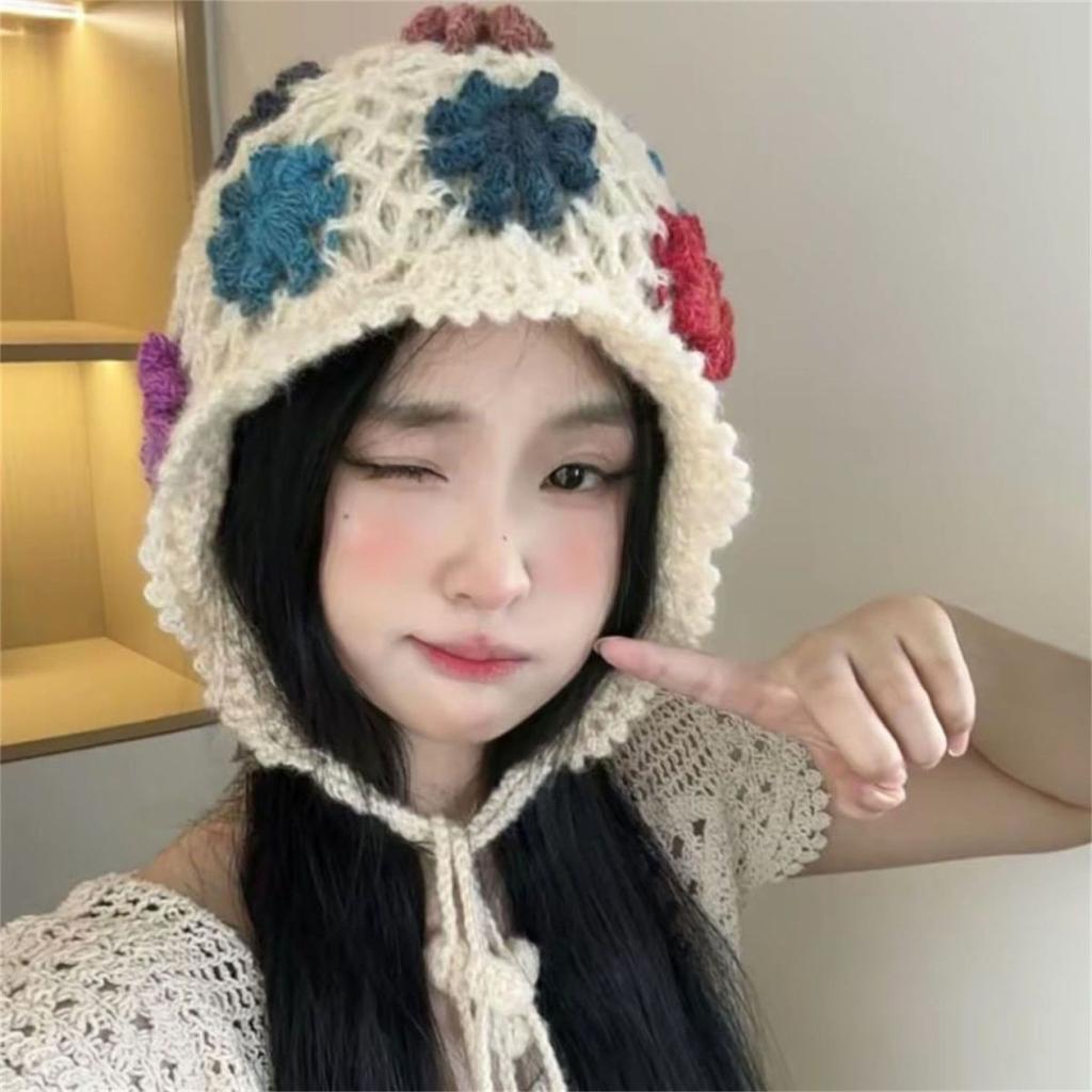 Women’s Hat Fall and Winternew Arrivalhandmade Crocheted Flower Tassel Knitting Cap for Women Ethnic Style Travel Double Layer Ear Protection Trendy