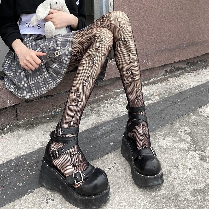 Seductive Black Fishnet Stockings with Bow and Letter Details - Plus Size European and American Styles