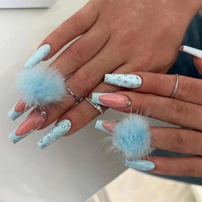 Nail Piece Blue Hairball Cute Drill Long Ballet Press On Nail