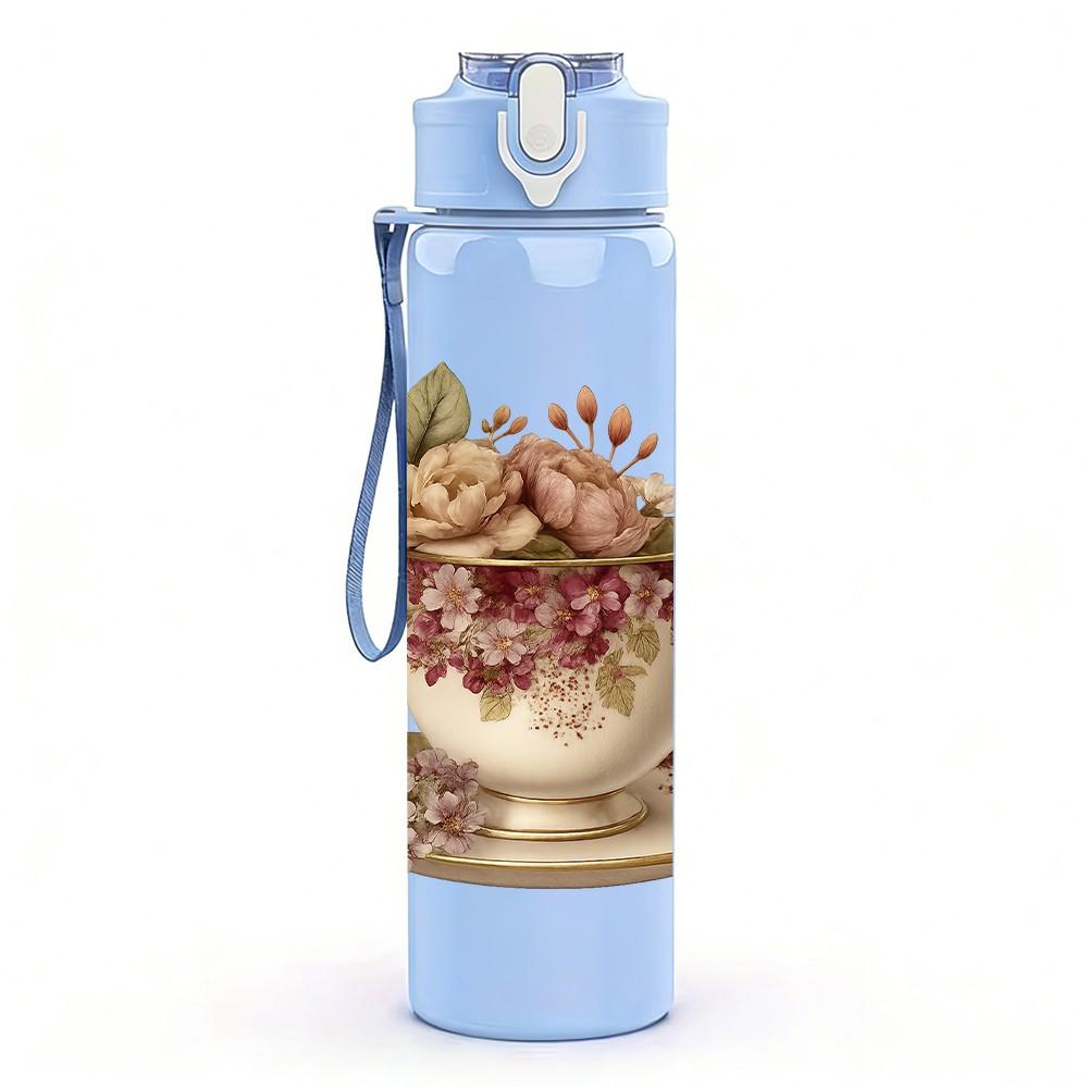 1PC Vintage Teacup Rose Flower Print 750ml Color Plastic Sports Water Bottle Leakproof Flip Straw Lid Suitable for Sports Office Home Use