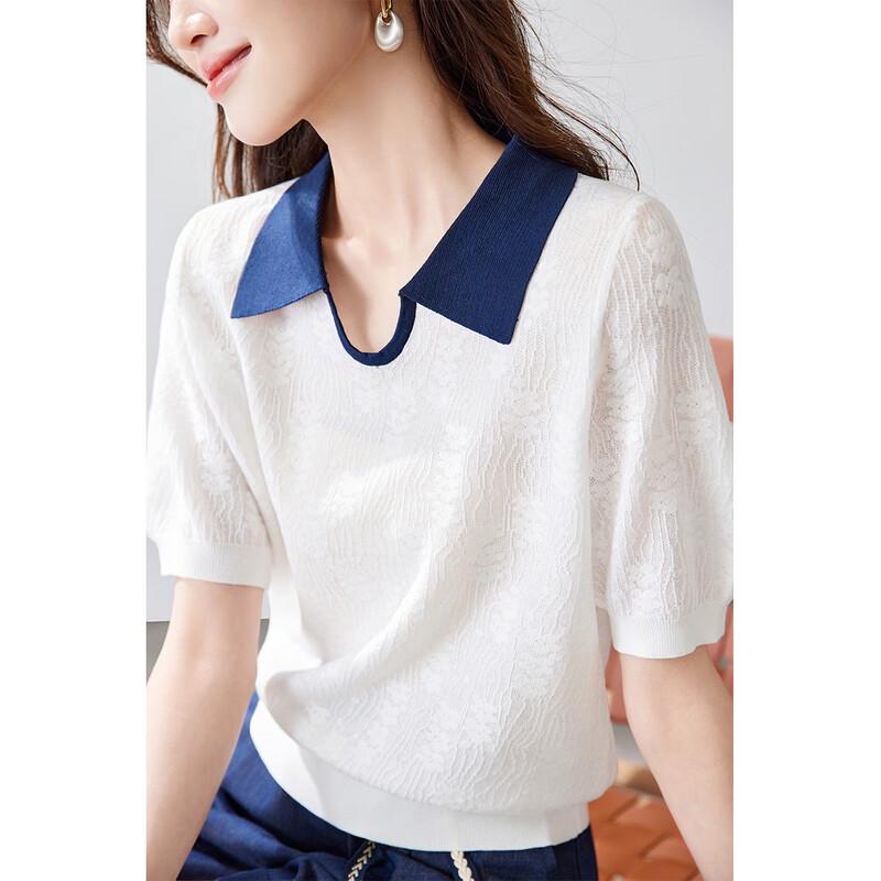 Women s Contrast Color Mulberry Silk Blend Polo Knit T-Shirt XL