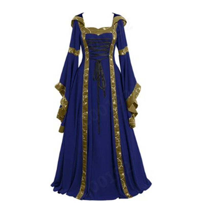 Medieval Retro Hooded Dress with Square Neck, Lace-Up Detail, and Bell Sleeves