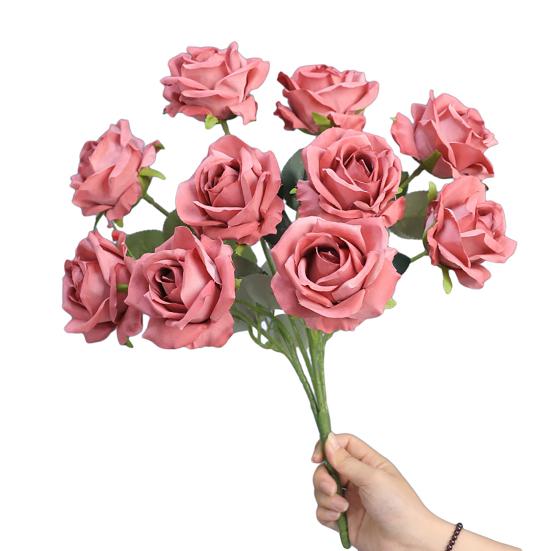 Artificial Rose 10 Head UV Resistant Fake Silk Flower Valentine's Day Wedding Party Table Centerpiece DIY Vase Faux Bloom Decoration