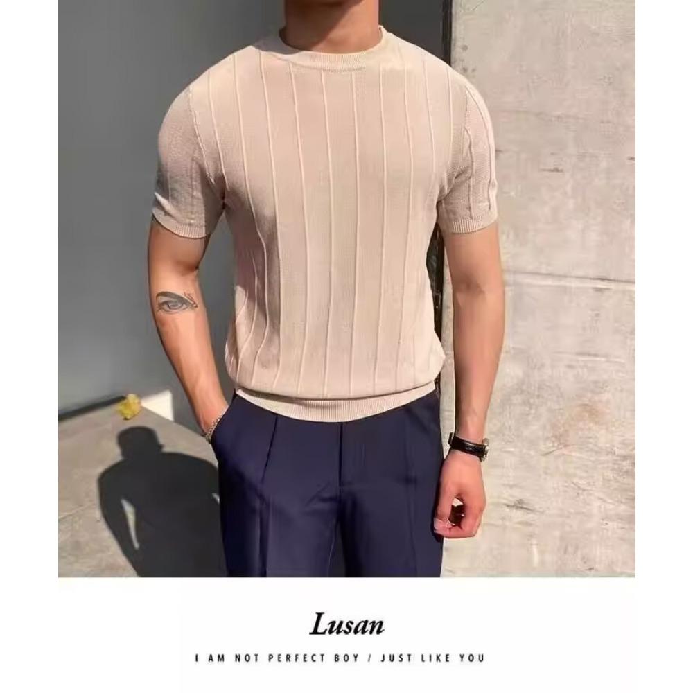 Korean Business Casual Summer New Round Neck Knit T-shirt Youth Men's Solid Jacquard Stripe Screw Thread Short Sleeve Thin Top