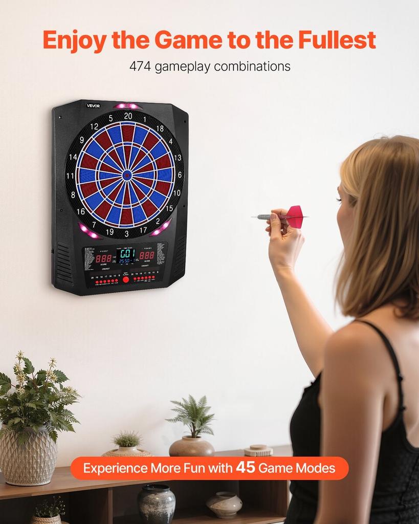 Electronic Dart Board, 336mm Target Dartboard with 45 Games & 474 Variations for Up To 8 Players, 6 Dart Shafts with Flights & 50 Soft Tips, Color LED
