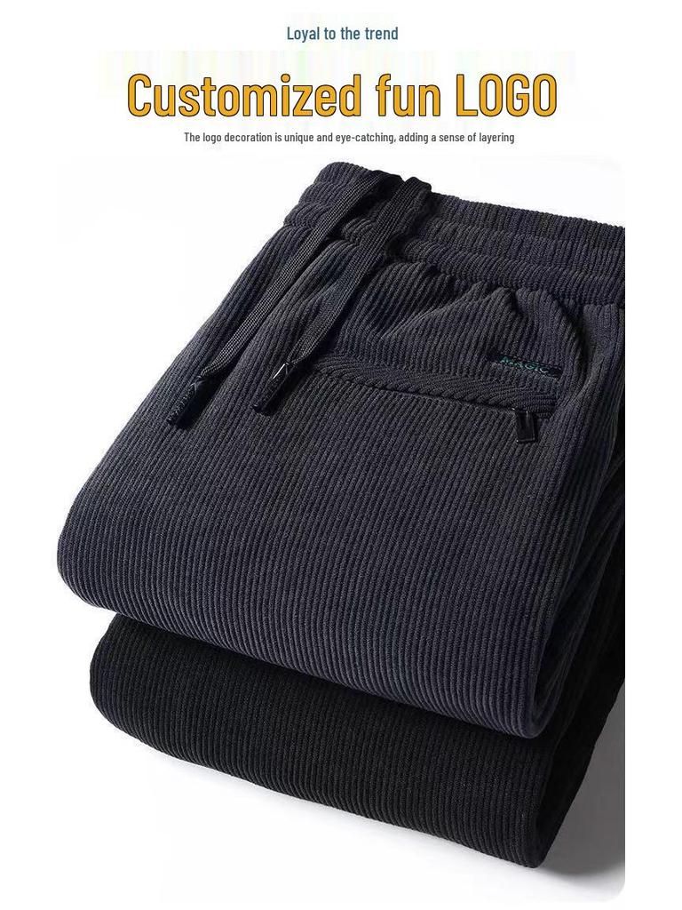 Pánské nadměrné manšestrové kalhoty s fleecovou podšívkou s rovnými nohavicemi pro volný čas na podzim/zimu