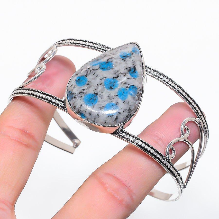 Natural K2 Blue Azurite Gemstone 925 Sterling Silver Cuff Bangle Adjustable e3p45
