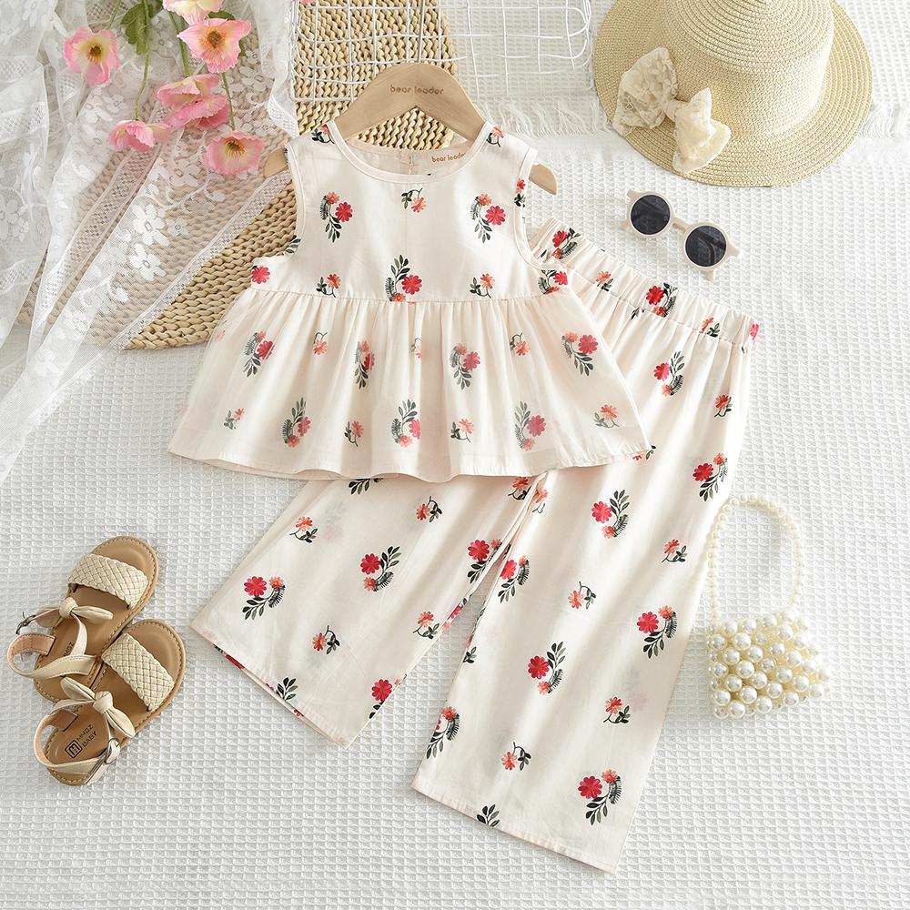 Bear Leader Baby Girl's Casual Clothing Round Neck Sleeveless Polka Dot Top+Wide Leg Pants Set with Bow and Botton 2PCS Set