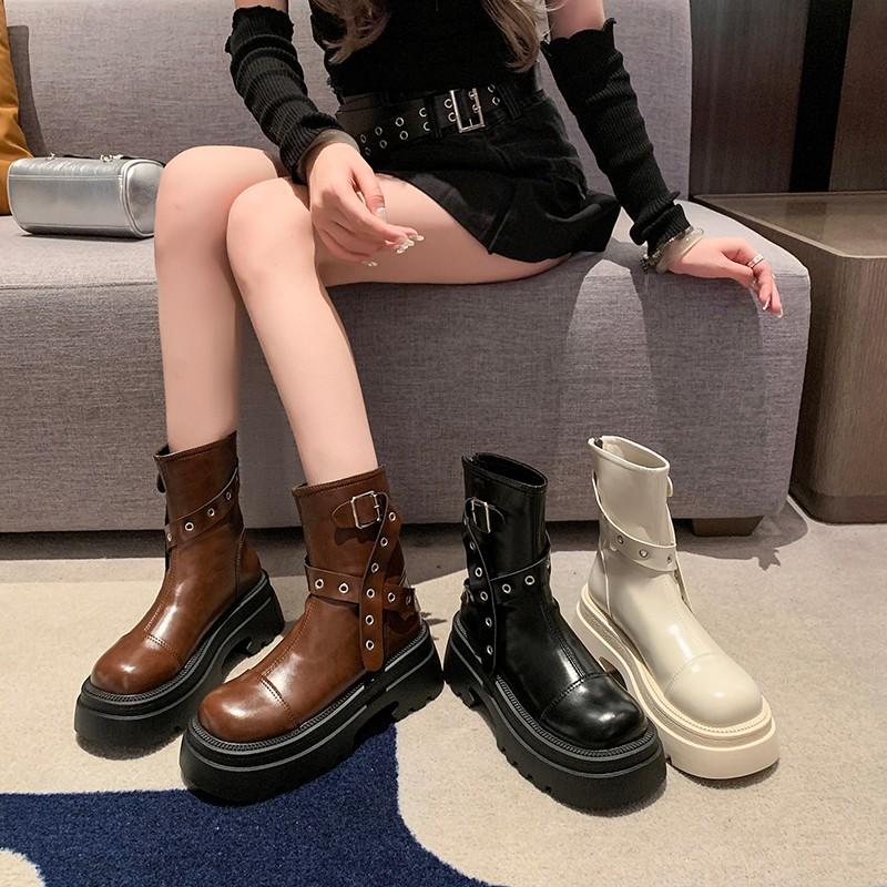 2024 Heißer Verkauf Damen Schuhe Seitlicher Reißverschluss Damenstiefel Mode Gürtelschnalle Moderne Stiefel Damen Neu Runde Zehenpartie Mid-Calf Stiefel Zapatos