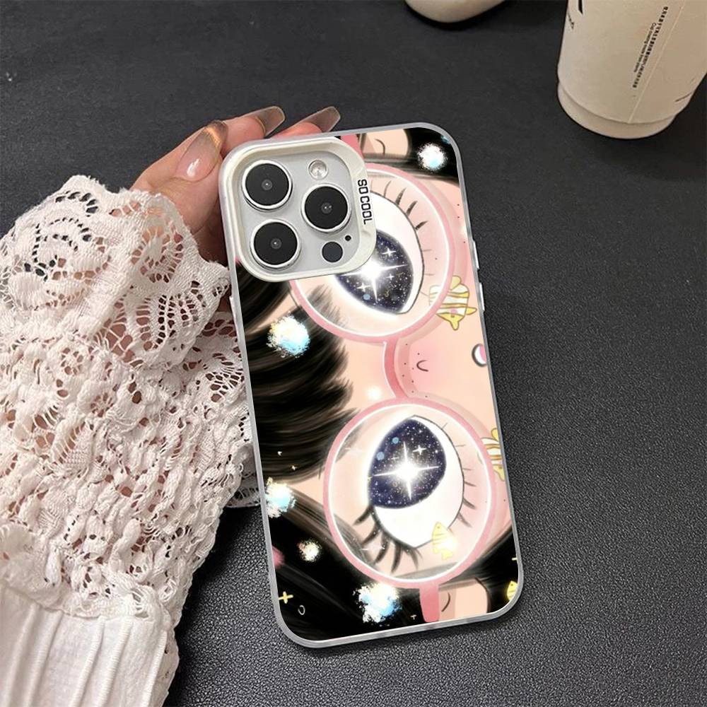 Kawaii Cute Black Big Eyes Cool Colored Silver frosted For iPhone Phone Case 17 16 15 14 13 12 11 Pro Max XR Plus Shockproof