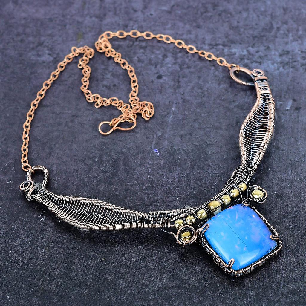 Blue Triplet Opal Gemstone Handmade Copper Wire Wrap Jewelry Necklace 18" ET-4959