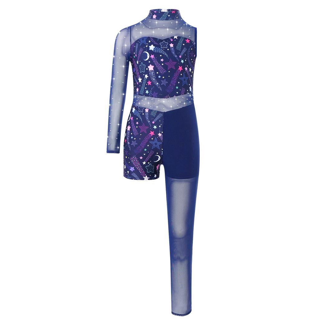 Girls Printed Gymnastics Leotard Star Leopard Snakeskin Design Shiny Rhinestones Sheer Mesh Patchwork Asymmetrical Bodysuit