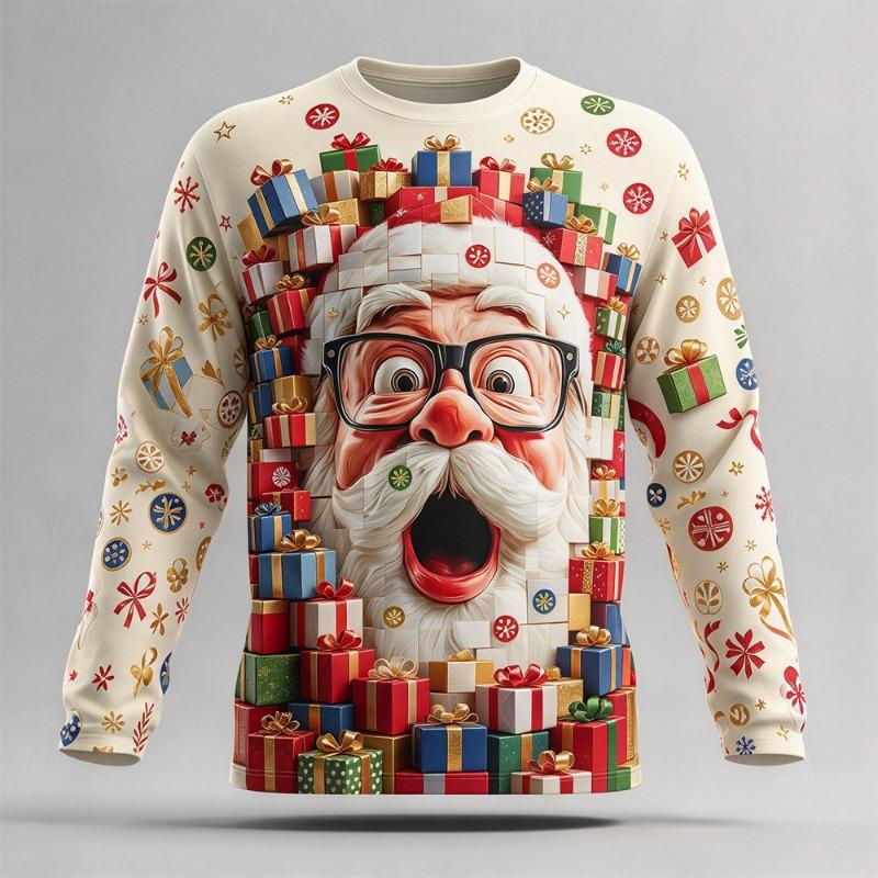 Ugly Christmas Men Long Sleeve T-shirts Santa Claus Cotton Comfortable Casual Tops Winter Xmas Party Outfit Holiday Gift For Men