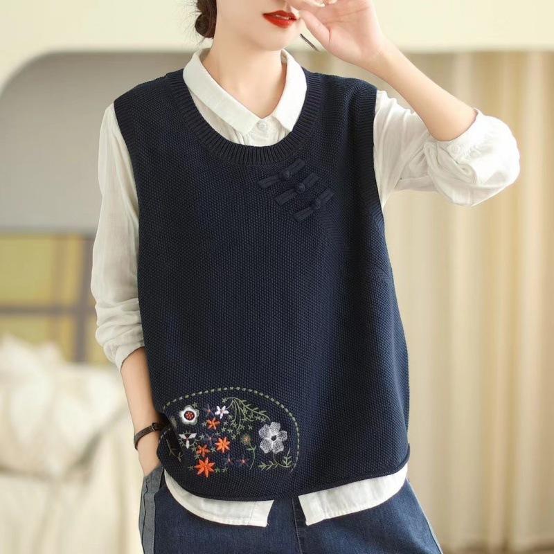 Vestă Tricotată de Damă, Nasturi Culturale, Brodată, Nouă de Primăvară și Toamnă, Vestă Pulover cu Gât Rotund