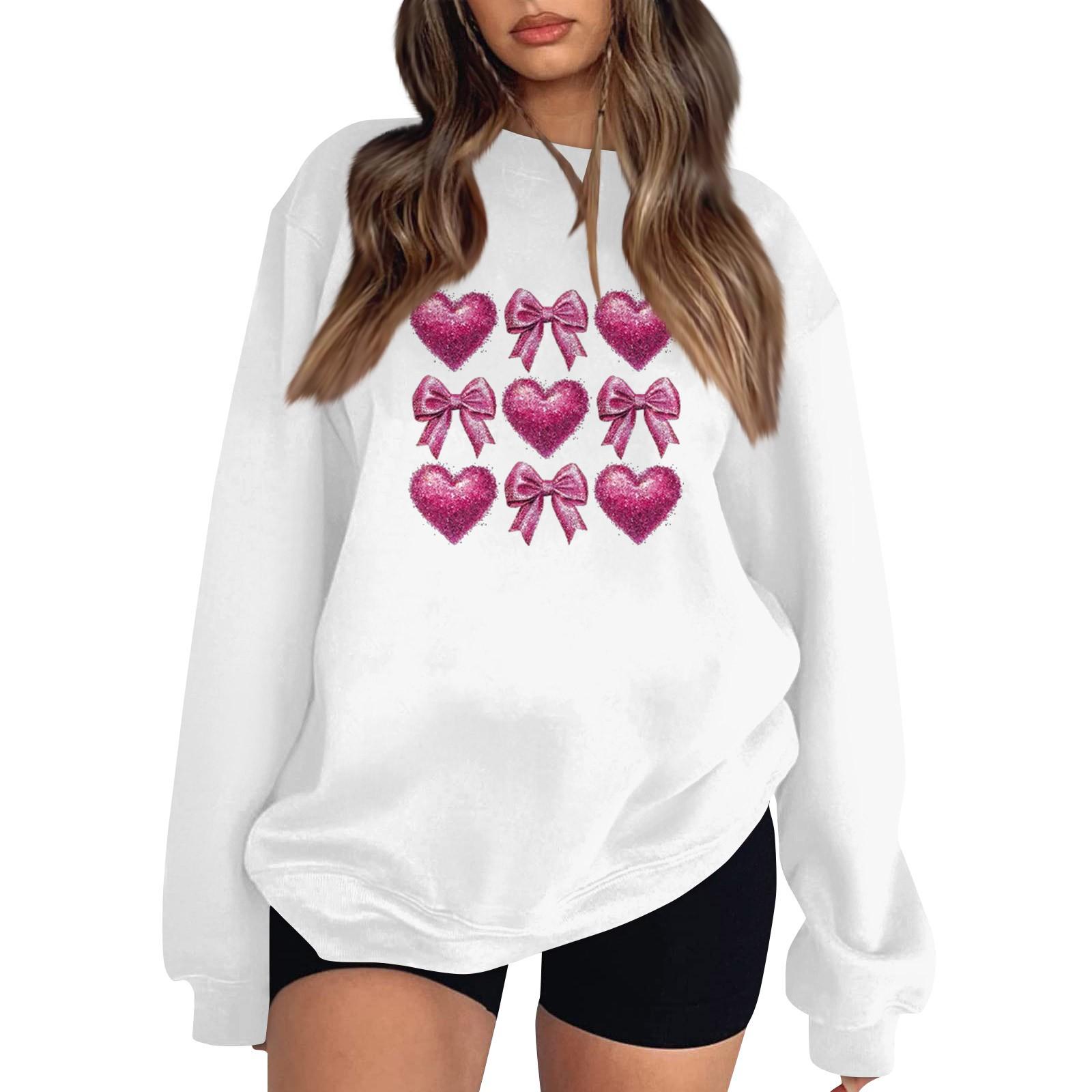 

Women s Fashion Long Sleeve Loose Bowknot Printed Round Neck Sweatshirt M білий