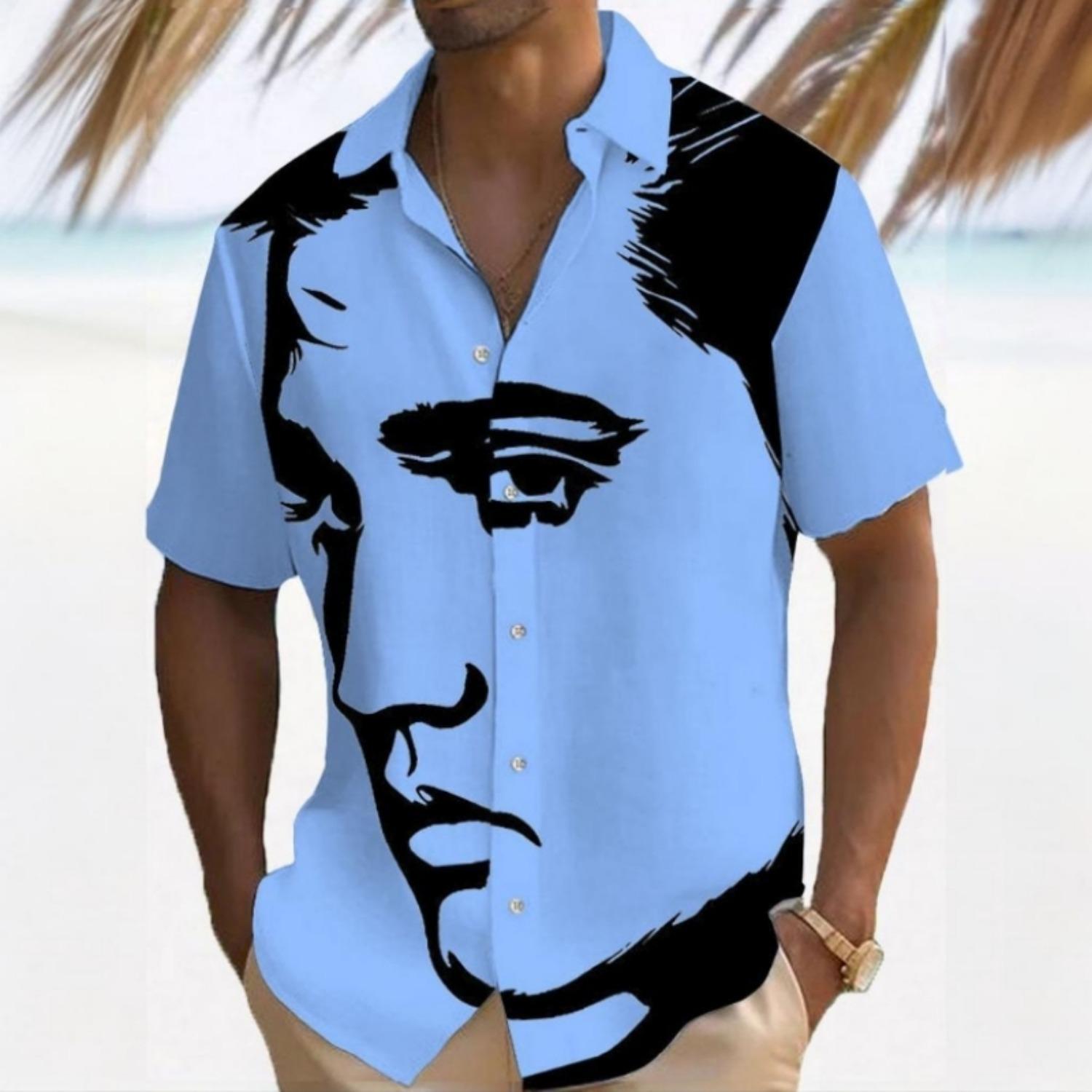 

Minimalist men s shirt 3D facial print short sleeved shirt beach casual wear Hawaiian men s 2025 new top XS