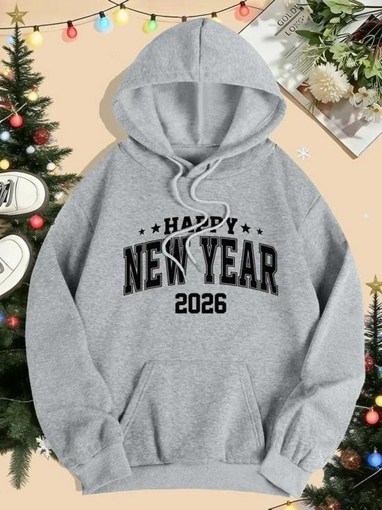 2026 Happy New Year Print Hoodie: Women's Loose-Fit Autumn/Winter Y2K Streetwear