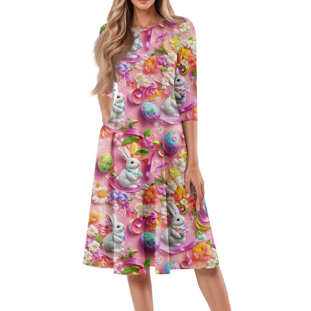 Women's Loose Casual And Fashionable Round Neck Seven Quarter Sleeved Printed Mid Length Dress