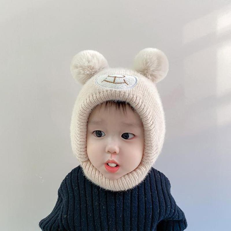 Leuke cartoon beer babymutsje sjaal winter warm dubbele pompom oorbescherming hoeden motorkap pasgeboren peuter jongen meisje mutsen