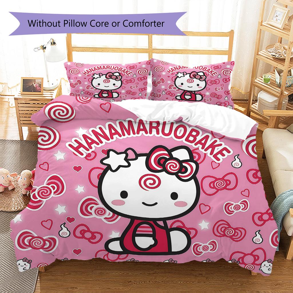 Sanrio rožinės spalvos raštų patalynė, antklodės komplektas, užvalkalas antklodei, pagalvės užvalkalas, namų gimtadienio dovana(1 * antklodės užvalkalas + 2 * pagalvės užvalkalai, be šerdies)
