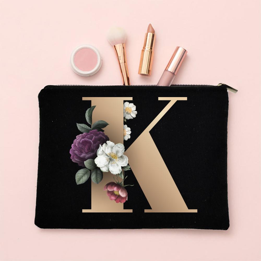 Alphabet Floral Makeup Bag Bridesmaid Maid of Honor Holiday Wedding Bachelorette Party Gift Canvas Cosmetic Zipper Storage Pouch