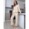 Front Button Lettuce Women's Pajamas Set Long Sleeve V Neck Top & Side Split Solid Pants 2 Pieces Sleepwear Female Nightwear